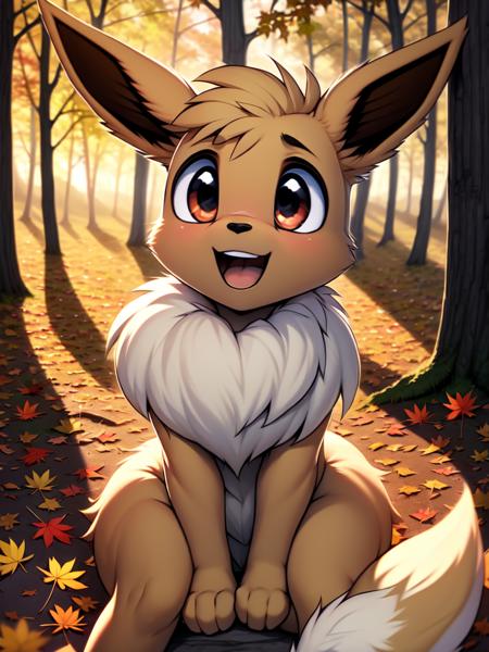 26961-3155170090-Eevee, Eevee tail, Eevee ears, smile, open mouth, (sitting_1.1), looking at viewer, autumn, forest, trees, fog, sunrise.png